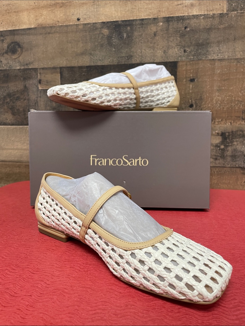 Franco Sarto Cream Woven Mary Jane Flats with Tan Trim